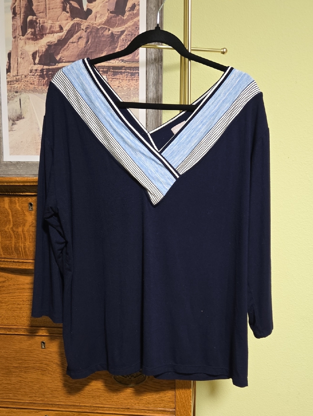 Chico's Navy Top with Light Blue and White Stripe Trim